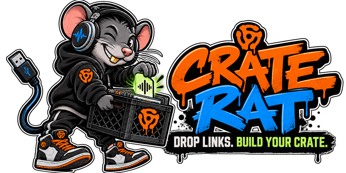 CRATE RAT, a gray city rat mascot wearing oversized studio headphones, a black hoodie with an orange crown emblem, and high-top sneakers, standing next to a boombox and a crate of vinyl records