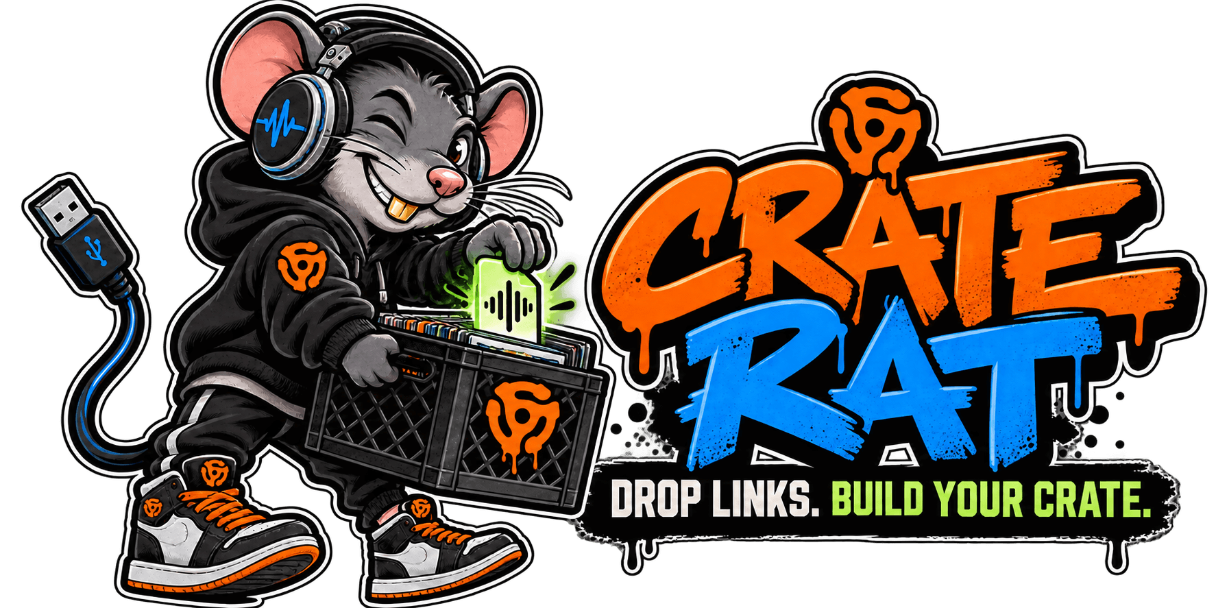 CRATE RAT, a gray city rat mascot wearing oversized studio headphones, a black hoodie with an orange crown emblem, and high-top sneakers, standing next to a boombox and a crate of vinyl records
