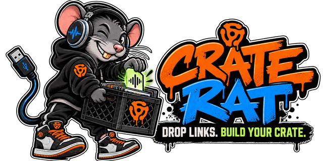 CRATE RAT, a gray city rat mascot wearing oversized studio headphones, a black hoodie with an orange crown emblem, and high-top sneakers, standing next to a boombox and a crate of vinyl records