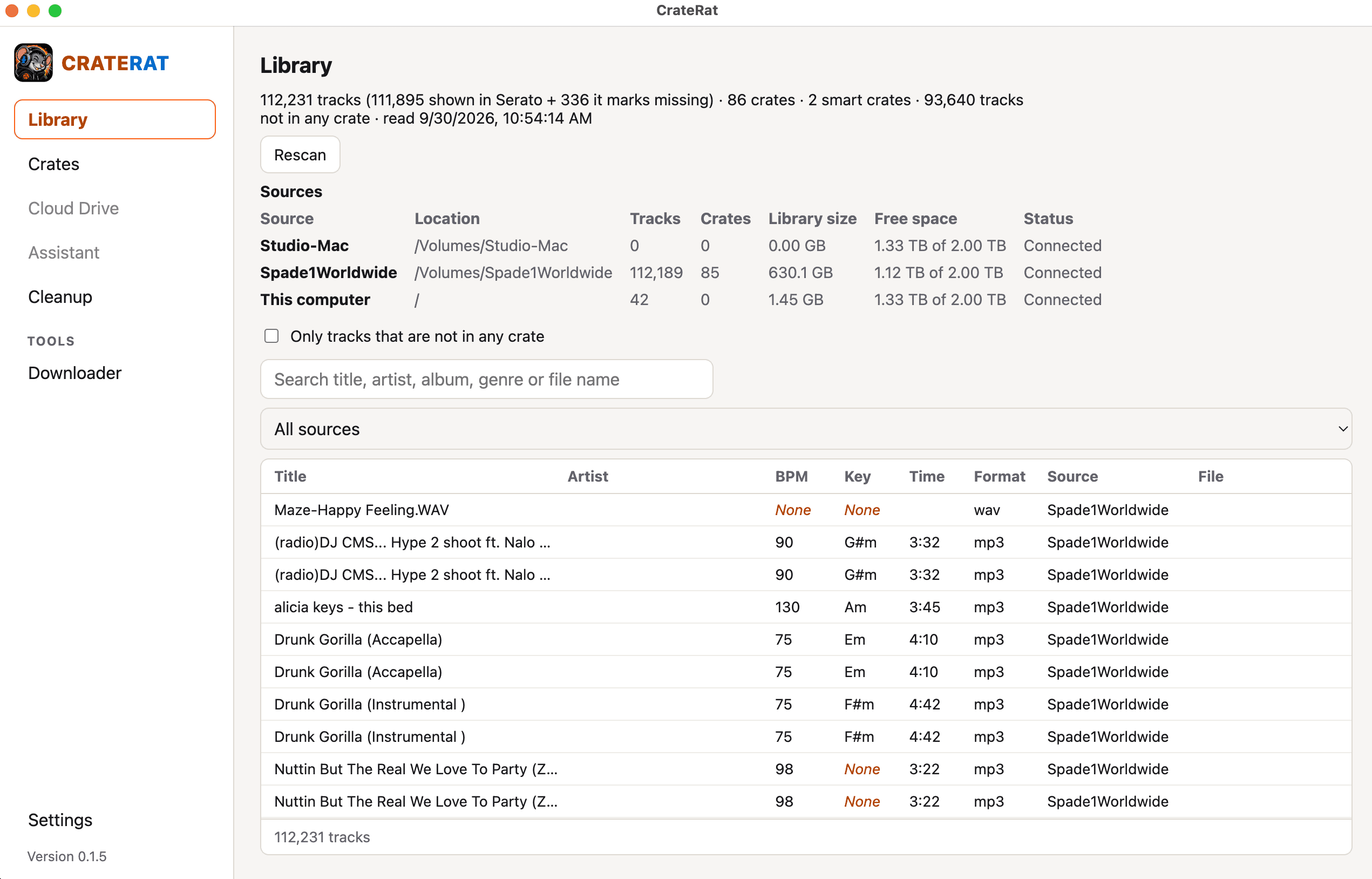The CRATE RAT desktop app's Library view, listing 112,231 Serato tracks across three connected drives with BPM, key, time, format and source columns